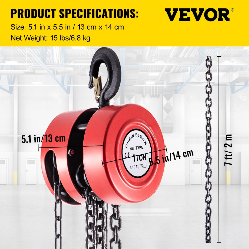VEVOR Hand Chain Hoist, 2200 lbs /1 Ton Capacity Chain Block, 7ft/2m Lift Manual Hand Chain Block, Manual Hoist with Industrial-Grade Steel Construction for Lifting Good in Transport & Workshop, Red
