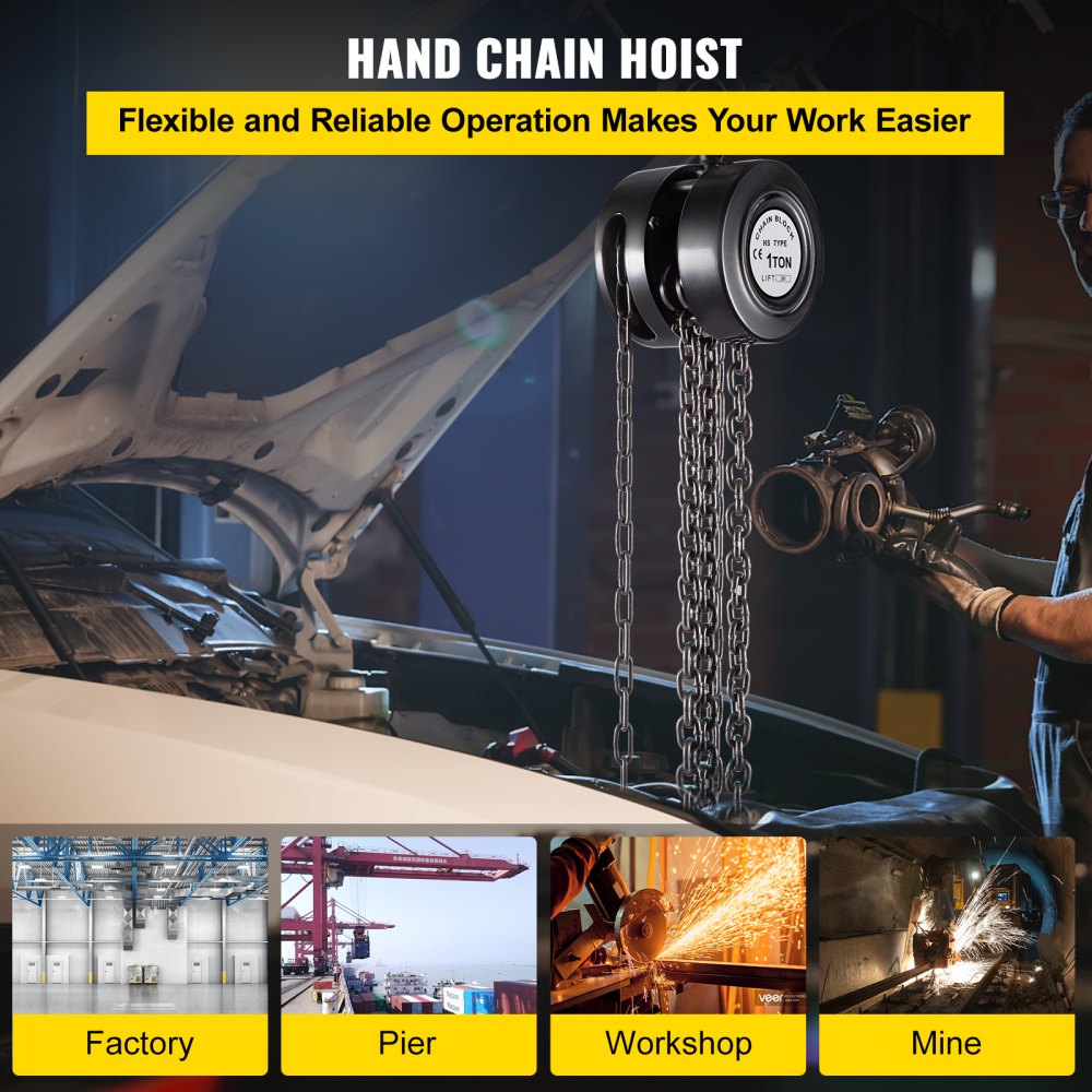 VEVOR Hand Chain Hoist, 2200 lbs /1 Ton Capacity Chain Block, 10ft/3m Lift Manual Hand Chain Block, Manual Hoist with Industrial-Grade Steel Construction for Lifting Good in Transport & Workshop, Blac