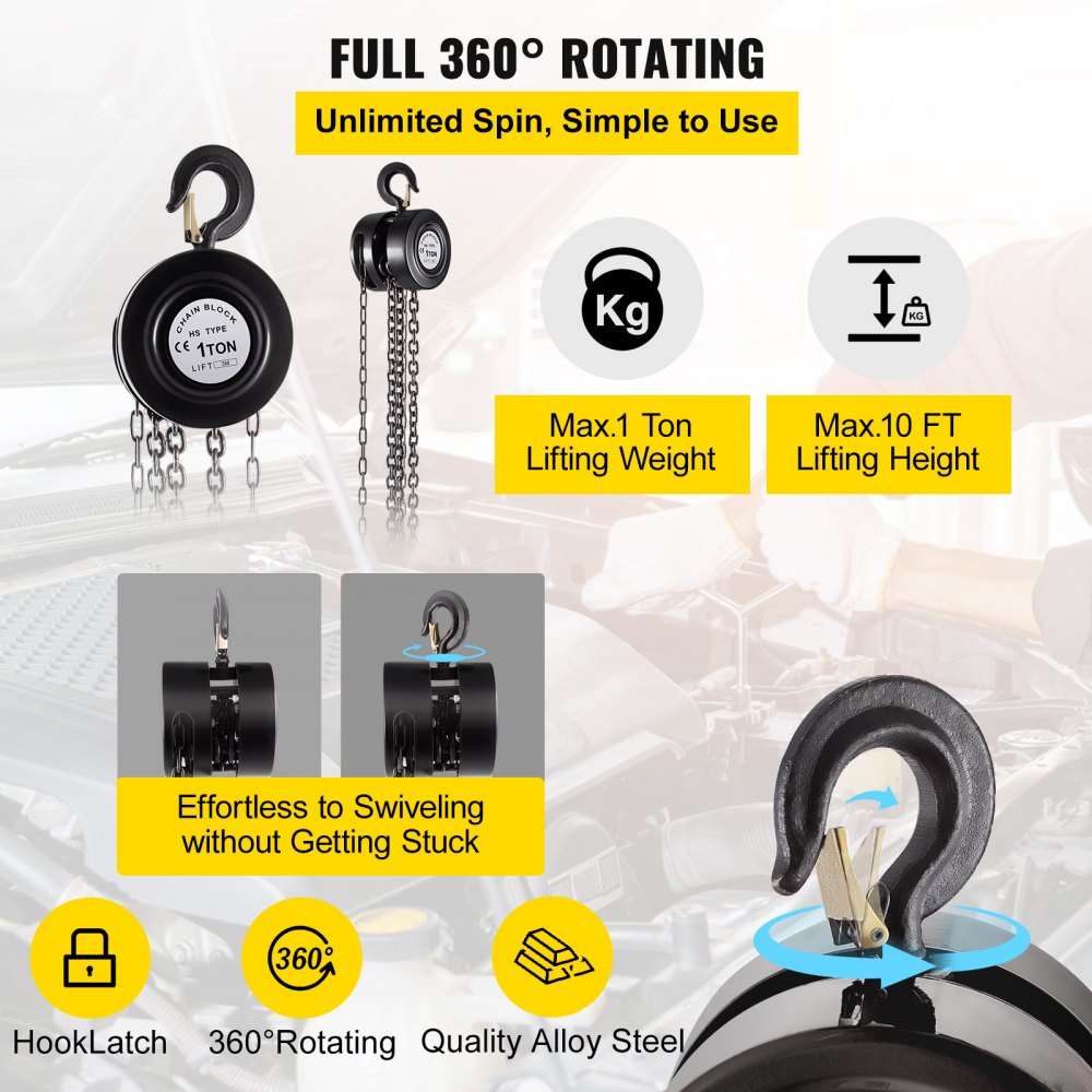 VEVOR Hand Chain Hoist, 2200 lbs /1 Ton Capacity Chain Block, 10ft/3m Lift Manual Hand Chain Block, Manual Hoist with Industrial-Grade Steel Construction for Lifting Good in Transport & Workshop, Blac