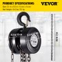 VEVOR Hand Chain Hoist, 2200 lbs /1 Ton Capacity Chain Block, 10ft/3m Lift Manual Hand Chain Block, Manual Hoist with Industrial-Grade Steel Construction for Lifting Good in Transport & Workshop, Blac