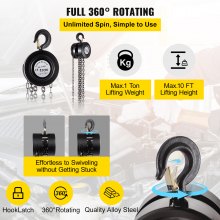 VEVOR Hand Chain Hoist, 2200 lbs /1 Ton Capacity Chain Block, 10ft/3m Lift Manual Hand Chain Block, Manual Hoist with Industrial-Grade Steel Construction for Lifting Good in Transport & Workshop Black