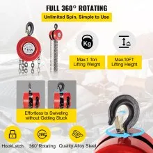 VEVOR Hand Chain Hoist, 2200 lbs /1 Ton Capacity Chain Block, 10ft/3m Lift Manual Hand Chain Block, Manual Hoist w/Industrial-Grade Steel Construction for Lifting Good in Transport & Workshop, Red