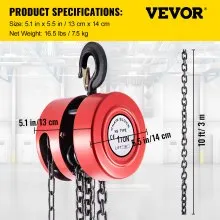 VEVOR Hand Chain Hoist, 2200 lbs /1 Ton Capacity Chain Block, 10ft/3m Lift Manual Hand Chain Block, Manual Hoist w/Industrial-Grade Steel Construction for Lifting Good in Transport & Workshop, Red