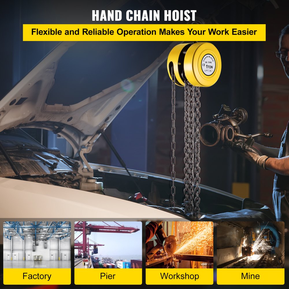 VEVOR Hand Chain Hoist, 2200 lbs /1 Ton Capacity Chain Block, 20ft/6m Lift Manual Hand Chain Block, Manual Hoist with Industrial-Grade Steel Construction for Lifting Good in Transport & Workshop, Yell