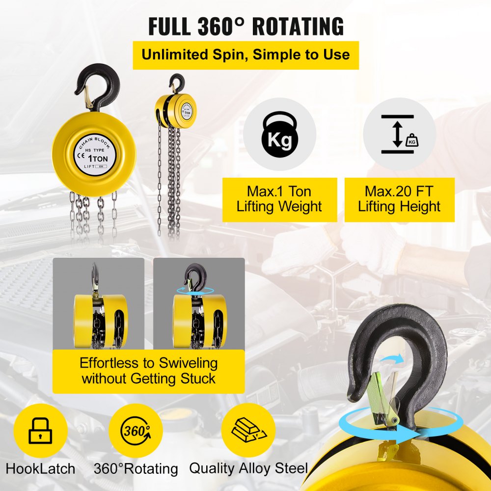 VEVOR Hand Chain Hoist, 2200 lbs /1 Ton Capacity Chain Block, 20ft/6m Lift Manual Hand Chain Block, Manual Hoist with Industrial-Grade Steel Construction for Lifting Good in Transport & Workshop, Yell