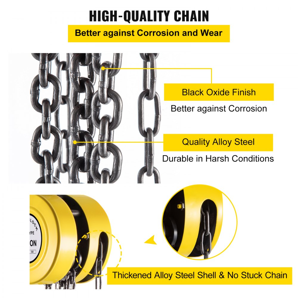 VEVOR Hand Chain Hoist, 2200 lbs /1 Ton Capacity Chain Block, 20ft/6m Lift Manual Hand Chain Block, Manual Hoist with Industrial-Grade Steel Construction for Lifting Good in Transport & Workshop, Yell