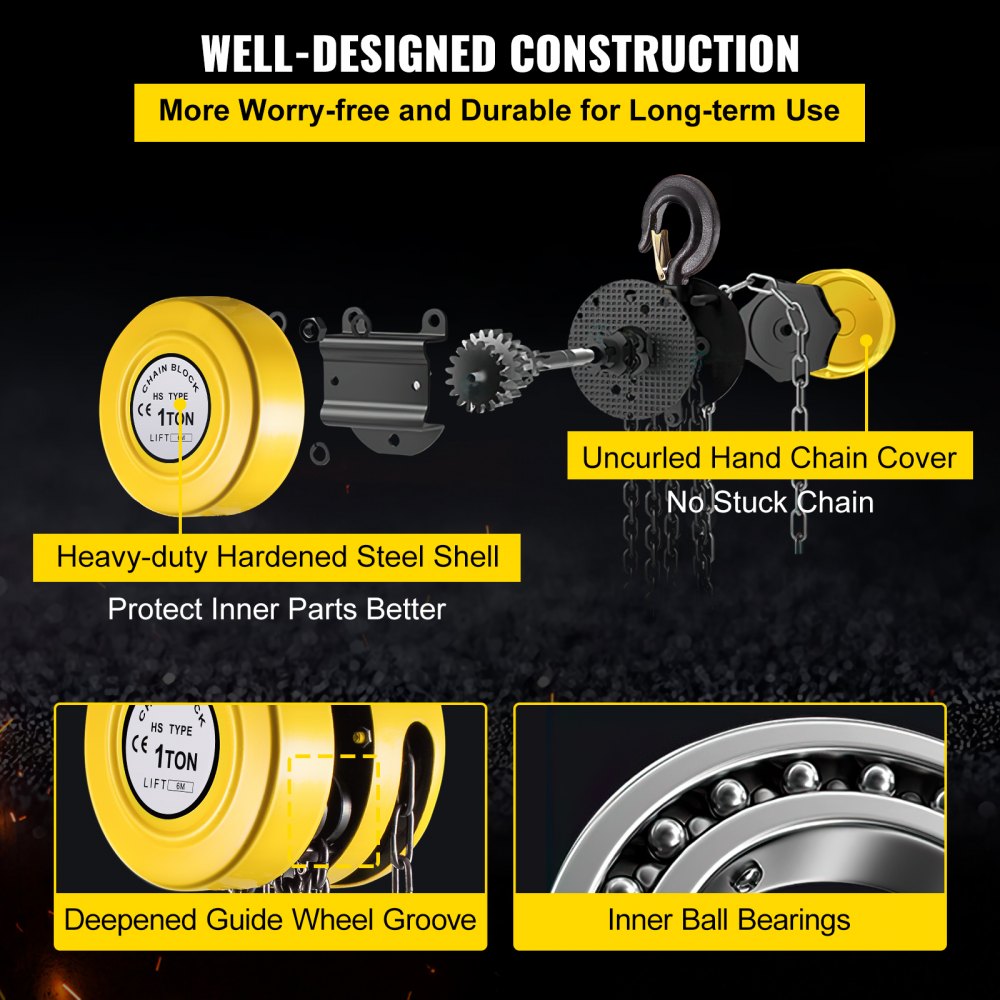 VEVOR Hand Chain Hoist, 2200 lbs /1 Ton Capacity Chain Block, 20ft/6m Lift Manual Hand Chain Block, Manual Hoist with Industrial-Grade Steel Construction for Lifting Good in Transport & Workshop, Yell
