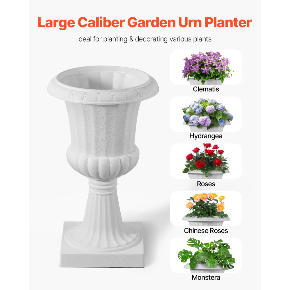 VEVOR Plastic Urn Planters, 25 x 42 cm, 2 Pack White Classic Flower Pots Front Porch Planters, Indoor & Outdoor Vase for Wedding, Party, Event, Home, Stage, Garden, Balcony, Patio Decoration