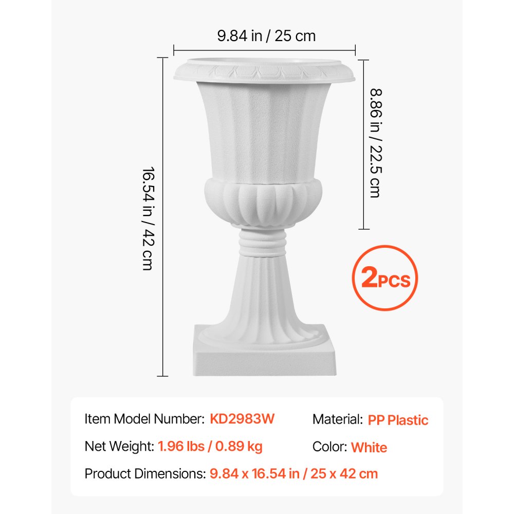 VEVOR Plastic Urn Planters, 25 x 42 cm, 2 Pack White Classic Flower Pots Front Porch Planters, Indoor & Outdoor Vase for Wedding, Party, Event, Home, Stage, Garden, Balcony, Patio Decoration