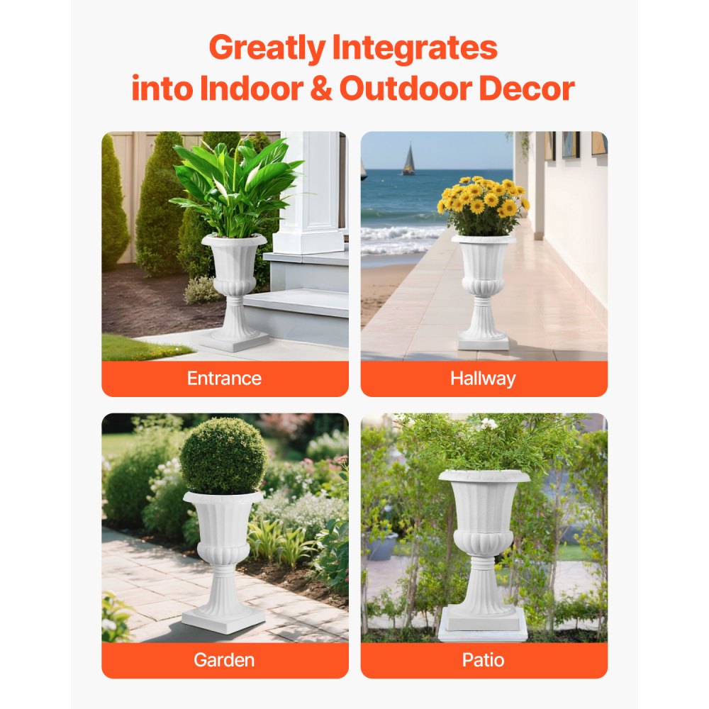 VEVOR Plastic Urn Planters, 25 x 42 cm, 2 Pack White Classic Flower Pots Front Porch Planters, Indoor & Outdoor Vase for Wedding, Party, Event, Home, Stage, Garden, Balcony, Patio Decoration