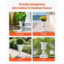 VEVOR Plastic Urn Planters 9.8 x 16.5 Inch White Floral Pedestal Flower Pots
