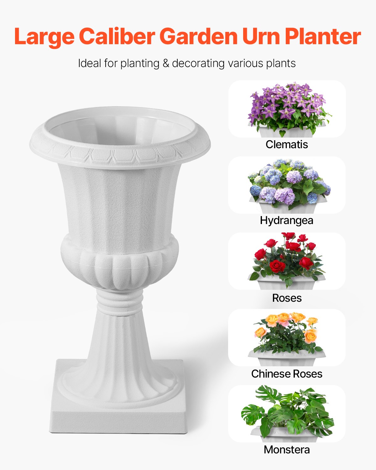 VEVOR Plastic Urn Planters, 25 x 42 cm, 2 Pack White Classic Flower Pots Front Porch Planters, Indoor & Outdoor Vase for Wedding, Party, Event, Home, Stage, Garden, Balcony, Patio Decoration