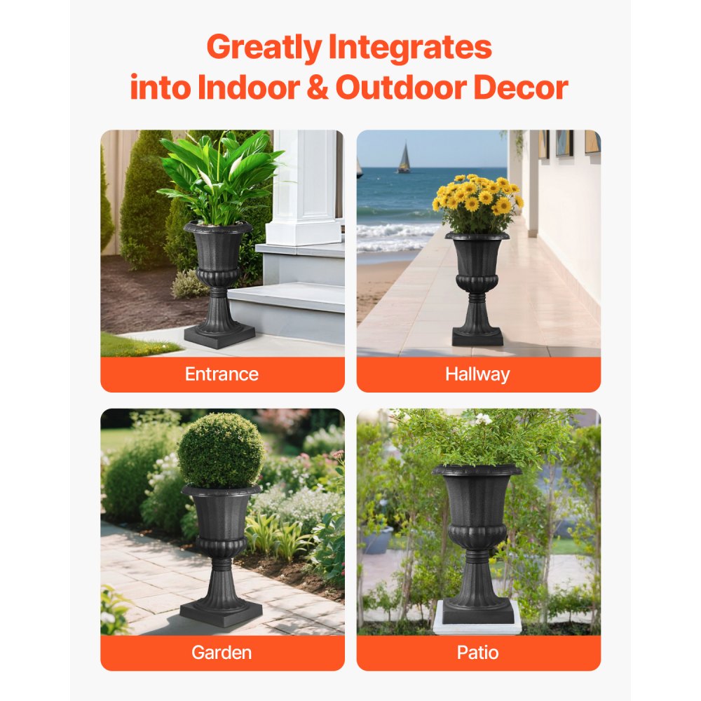VEVOR Plastic Urn Planters, 25 x 42 cm, 2 Pack Black Classic Flower Pots Front Porch Planters, Indoor & Outdoor Vase for Wedding, Party, Event, Home, Stage, Garden, Balcony, Patio Decoration