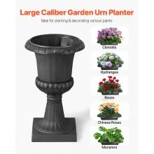 VEVOR Plastic Urn Planters 9.8 x 16.5 Inch Black Floral Pedestal Flower Pots