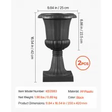 VEVOR Plastic Urn Planters 9.8 x 16.5 Inch Black Floral Pedestal Flower Pots