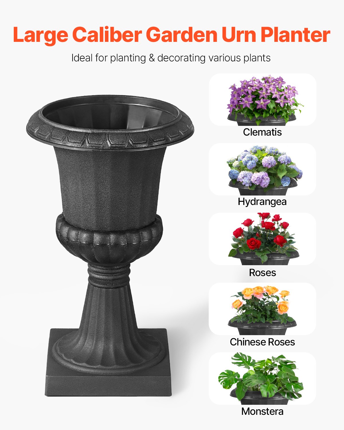 VEVOR Plastic Urn Planters, 25 x 42 cm, 2 Pack Black Classic Flower Pots Front Porch Planters, Indoor & Outdoor Vase for Wedding, Party, Event, Home, Stage, Garden, Balcony, Patio Decoration
