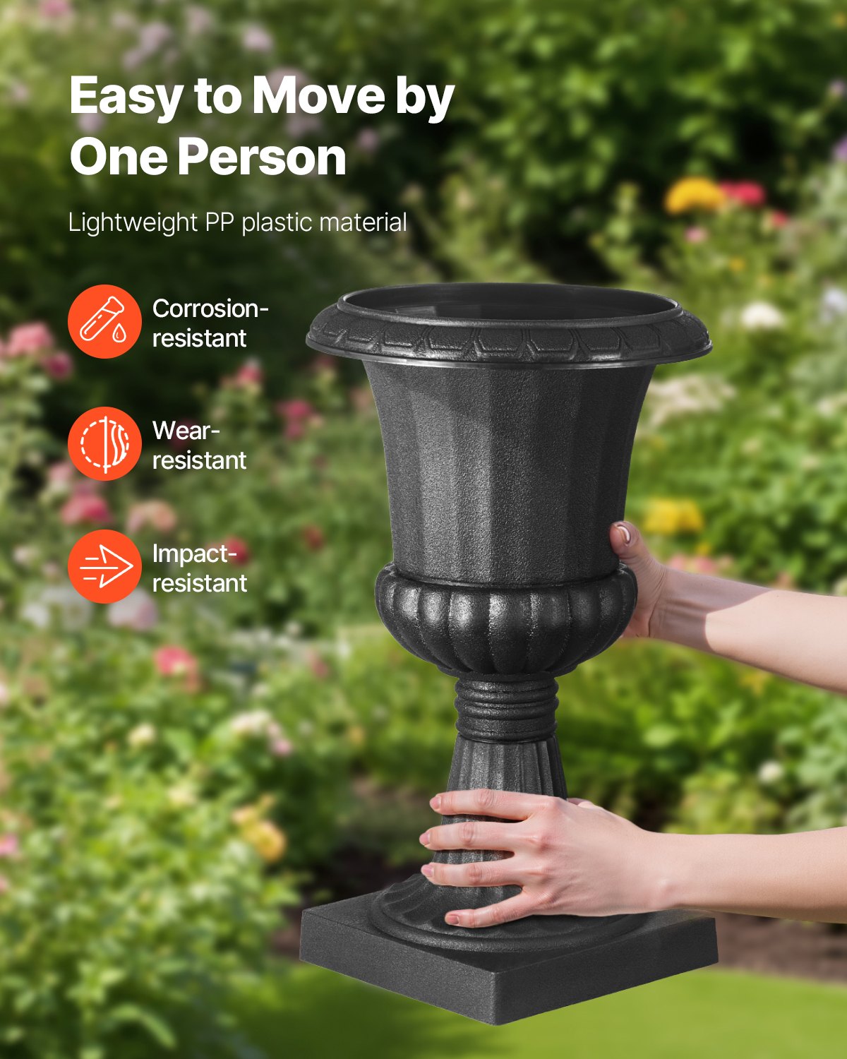 VEVOR Plastic Urn Planters, 25 x 42 cm, 2 Pack Black Classic Flower Pots Front Porch Planters, Indoor & Outdoor Vase for Wedding, Party, Event, Home, Stage, Garden, Balcony, Patio Decoration