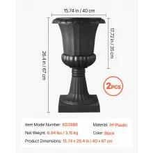 VEVOR Plastic Urn Planters 15.8 x 26.4 Inch Black Floral Pedestal Flower Pots