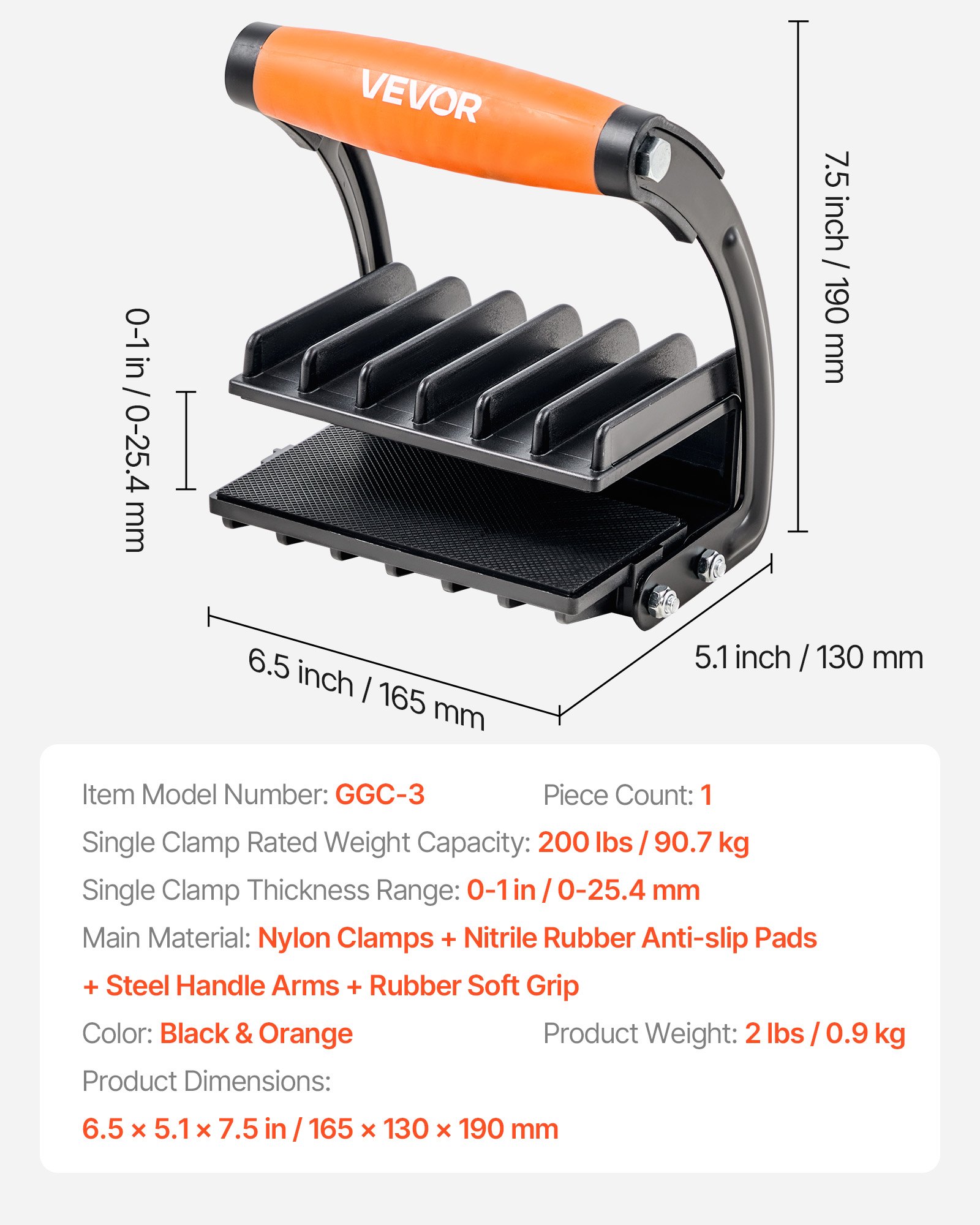 VEVOR Plywood Carrier, 200 lbs Single Clamp Capacity, Adjustable Drywall Carrying Tool for 0-1 Inches Thickness Boards, Plywood Carrier with Non-Slip Grips for Plastic Boards, Plywood, Drywall