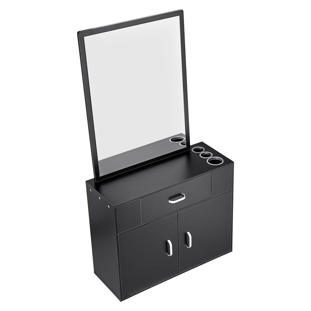 VEVOR salon organizer with large mirror, black cabinet, drawers, and metal cup holders for salon tools.