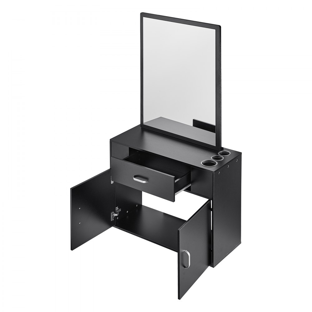 black VEVOR salon organizer with mirror, open shelves, drawers, and tool holders.