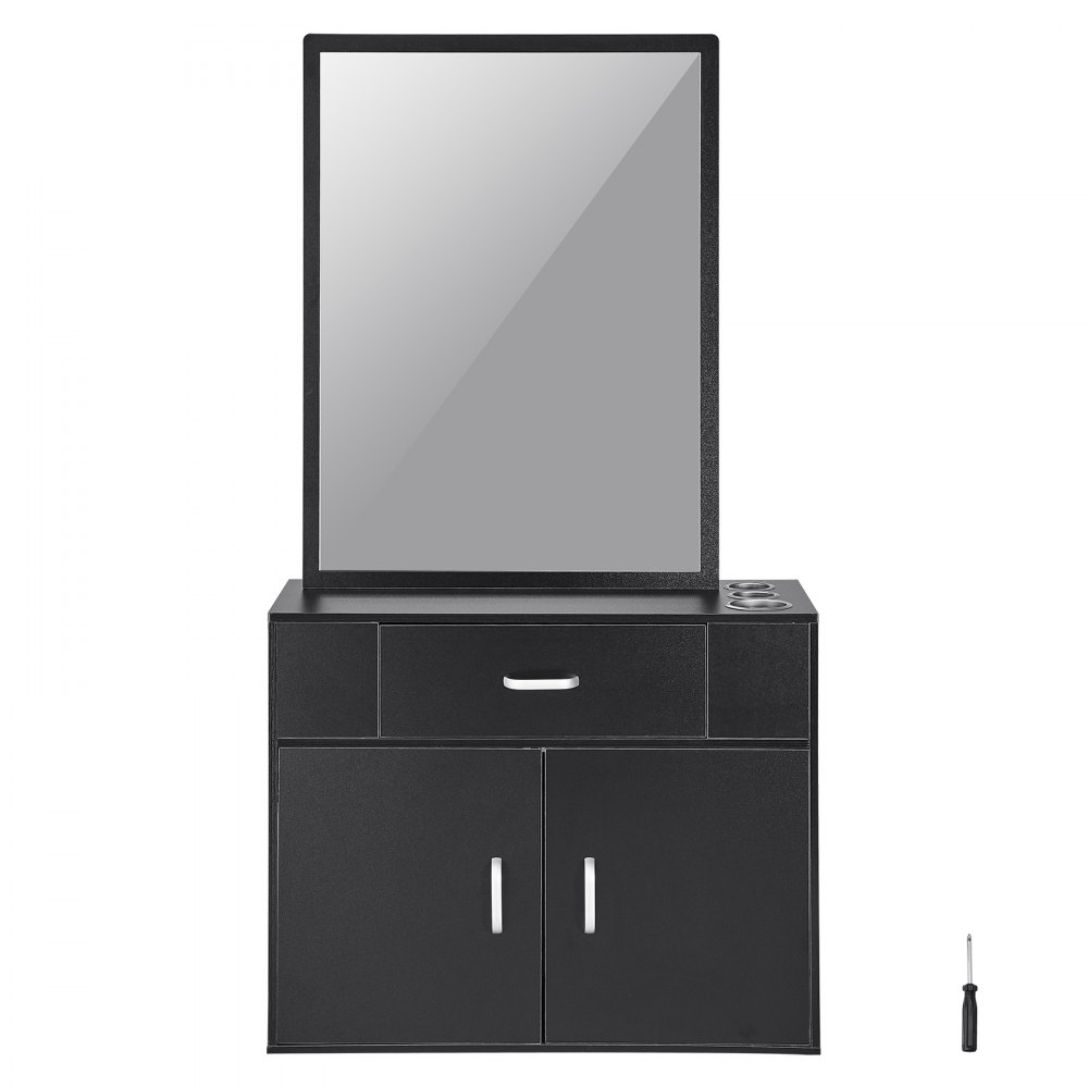 black VEVOR salon organizer with mirror, storage drawers, and cupboard, includes a screwdriver.
