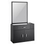 black VEVOR salon organizer with a large mirror, storage drawer, and cabinet with chrome handles
