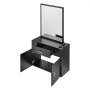 black VEVOR salon organizer with mirror, open shelves, drawers, and tool holders.