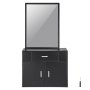 black VEVOR salon organizer with mirror, storage drawers, and cupboard, includes a screwdriver.