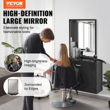 VEVOR Salon Organizer, Wall-Hanging Unit for Hairdressers, Complete with 3 Holders, Mirror, Dual-Door Storage, and Single Drawer, Black