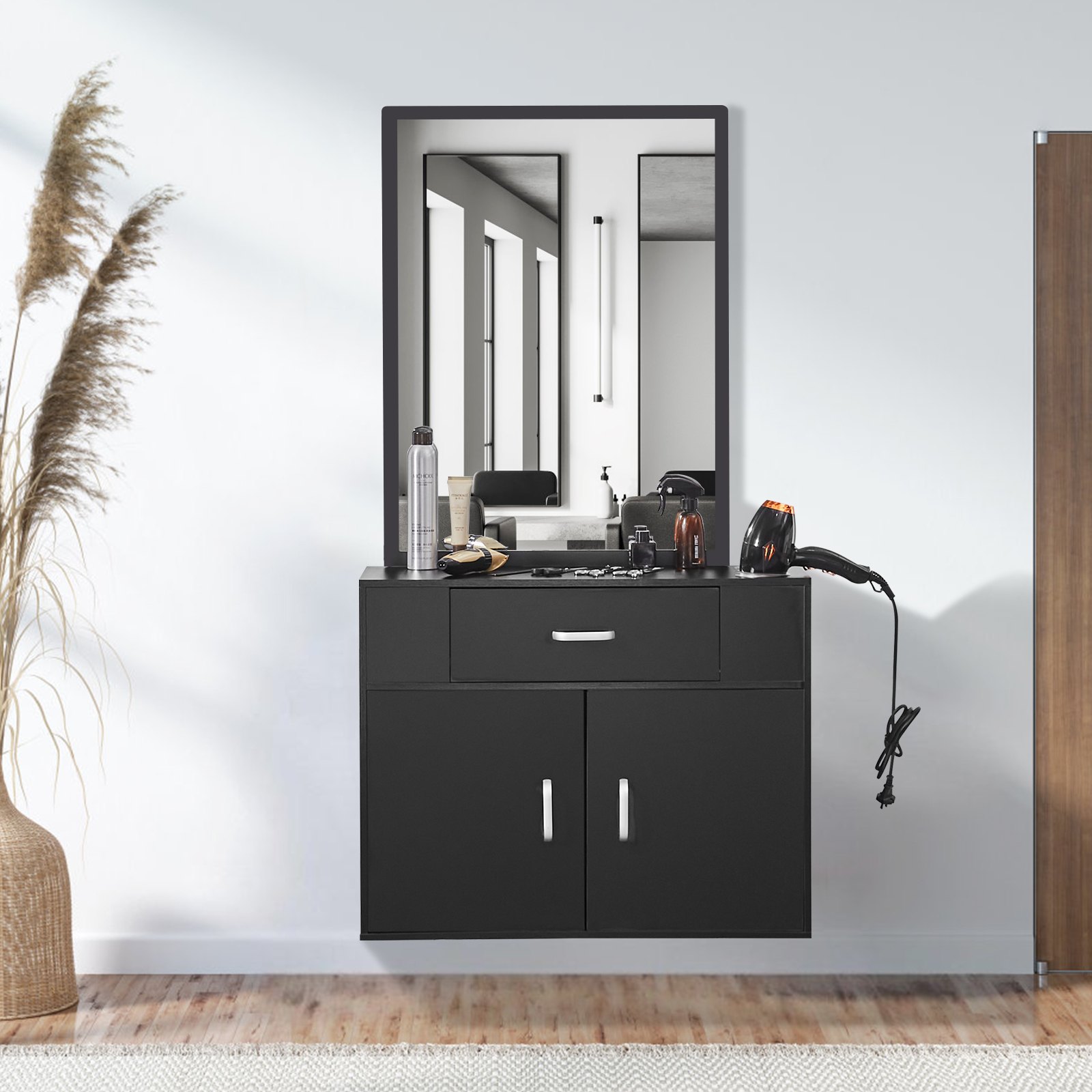 modern VEVOR salon organizer with mirror, black cabinet, and styling tools, creating a sleek setup.