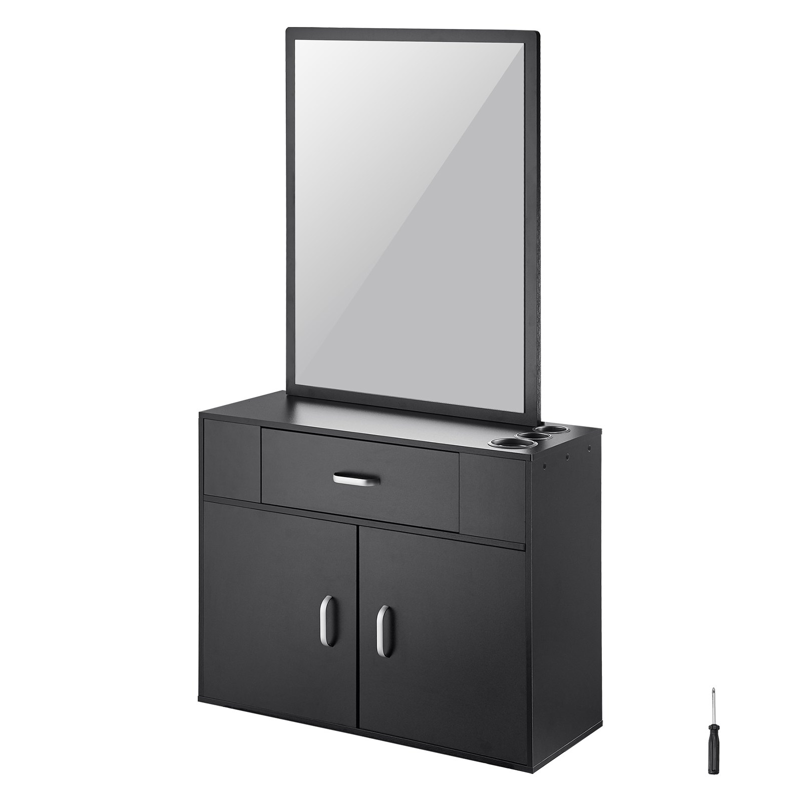 black VEVOR salon organizer with mirror, drawer, and cabinets, alongside a small screwdriver.