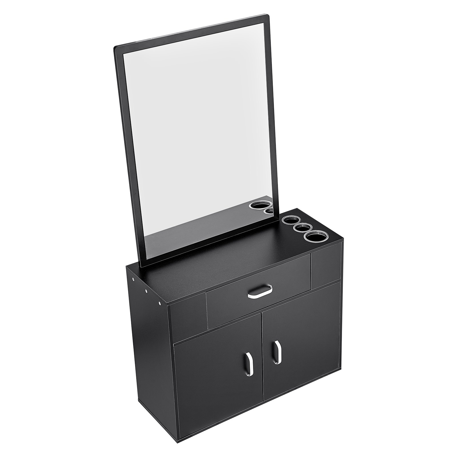 VEVOR salon organizer with large mirror, black cabinet, drawers, and metal cup holders for salon tools.