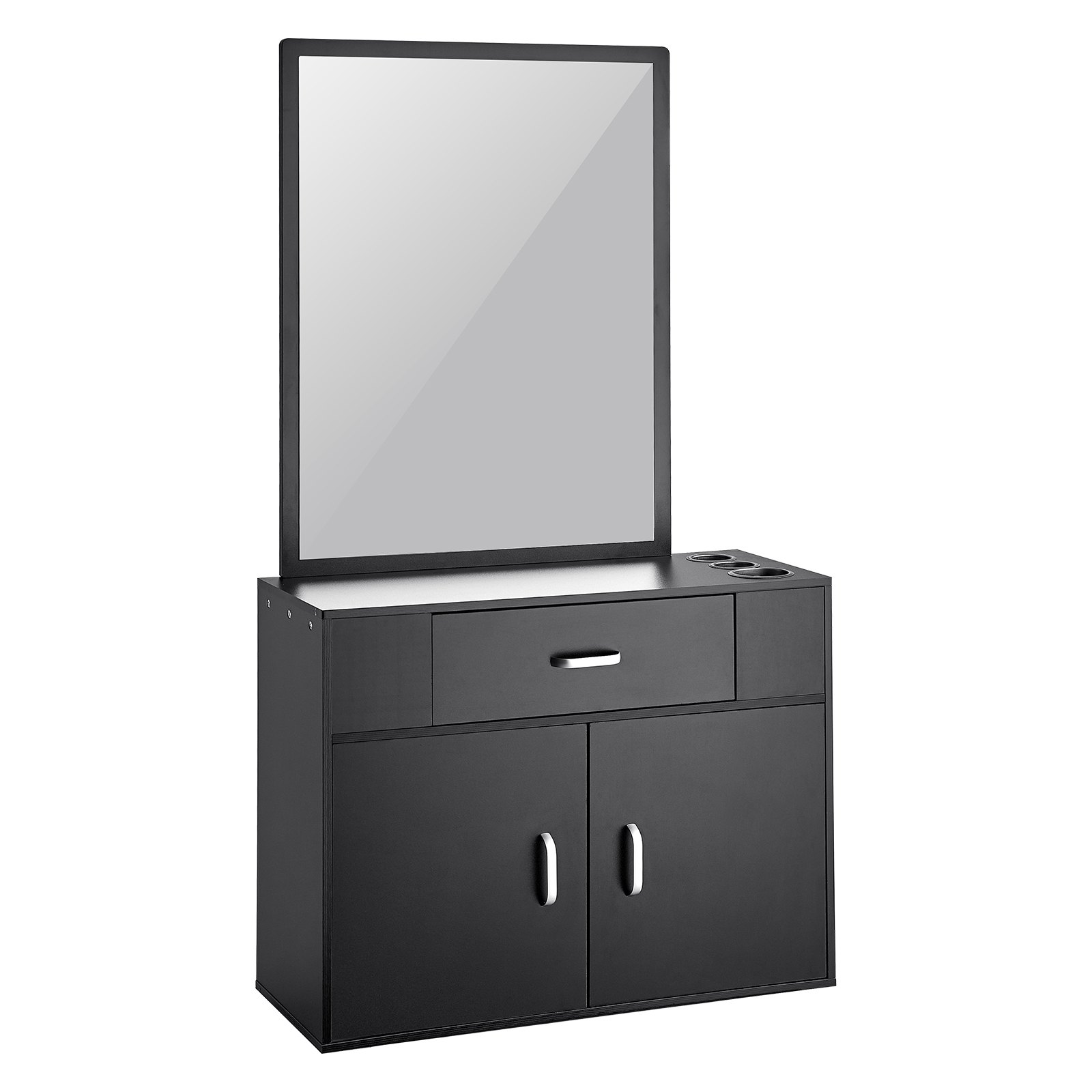 black VEVOR salon organizer with a large mirror, storage drawer, and cabinet with chrome handles