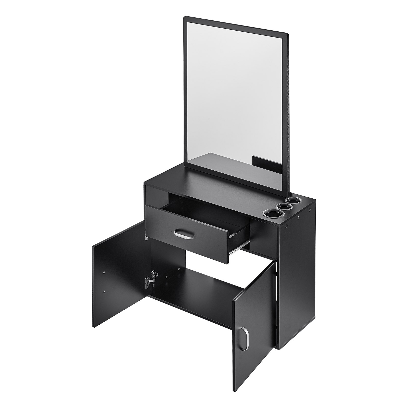 black VEVOR salon organizer with mirror, open shelves, drawers, and tool holders.