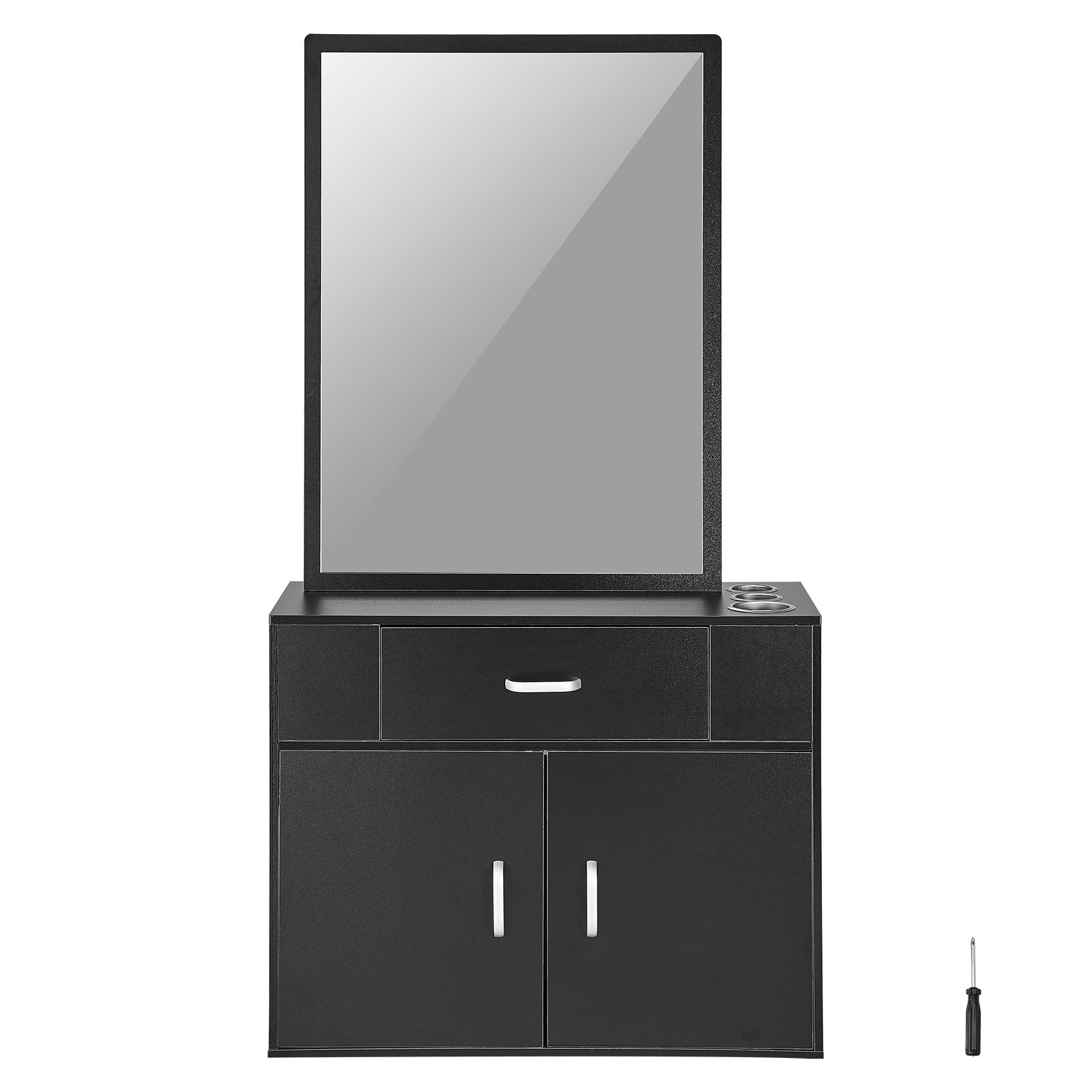 black VEVOR salon organizer with mirror, storage drawers, and cupboard, includes a screwdriver.