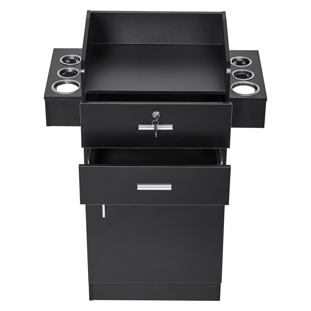 VEVOR Salon Storage Cabinet, Barber Salon Station for Hair Stylist, Hair Stylist Station Set, with 6 Sleeves, 1 Storage Cabinet, and 2 Drawers(One Lockable), Black