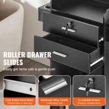 VEVOR Salon Organizer, Hairdresser Workstation, Complete with 6 Holders, a Cabinet, and Dual Drawers (One with Lock), in Sleek Black
