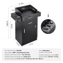 VEVOR Salon Organizer, Hairdresser Workstation, Complete with 6 Holders, a Cabinet, and Dual Drawers (One with Lock), in Sleek Black