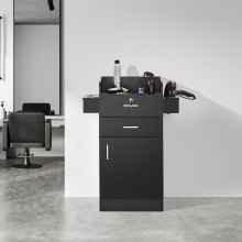 VEVOR Salon Organizer, Hairdresser Workstation, Complete with 6 Holders, a Cabinet, and Dual Drawers (One with Lock), in Sleek Black