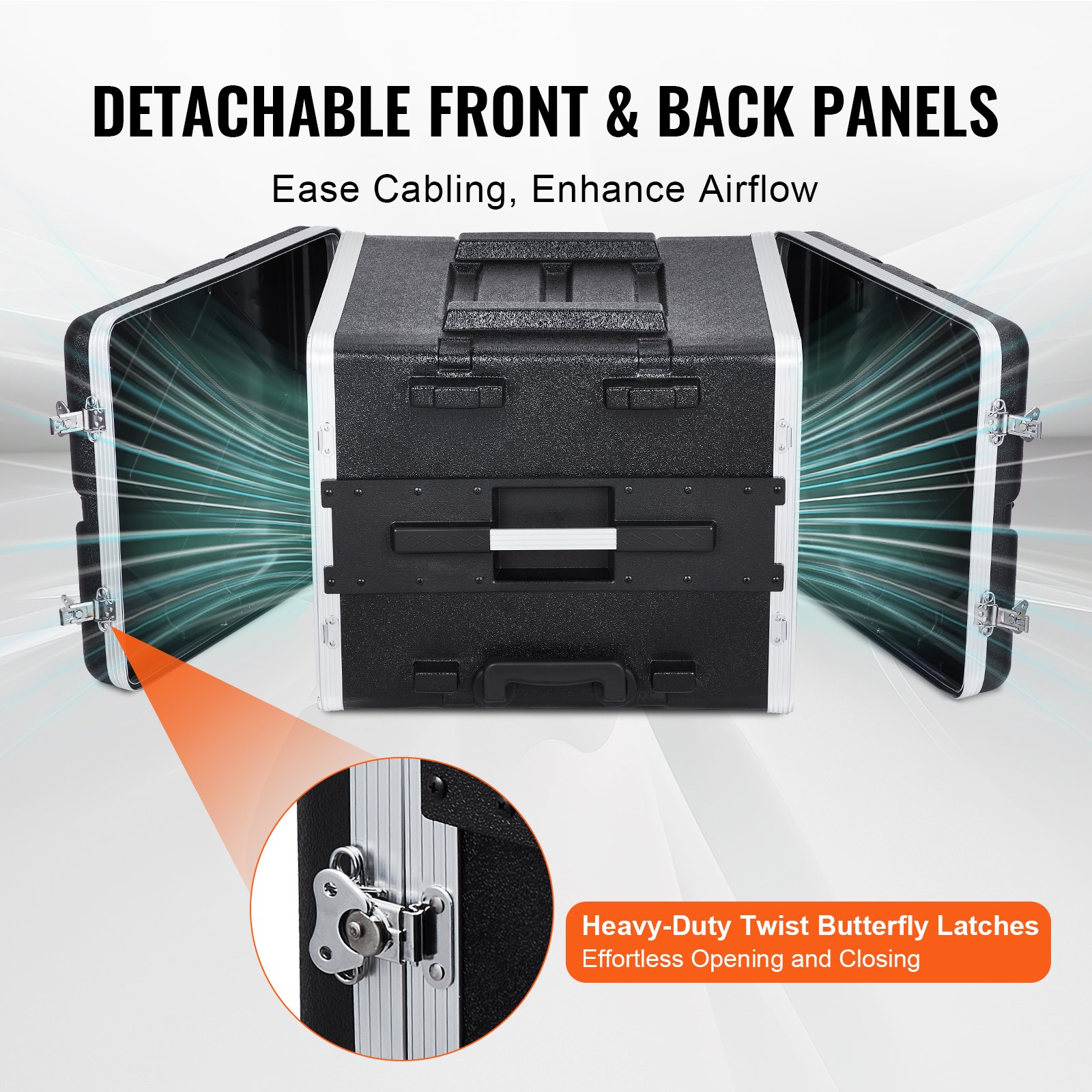 VEVOR 8U Rack Case, Standard 19 in Depth, Server Rack Cabinet with ABS Construction Wheels Heavy-Duty Twist Butterfly Latches, Detachable Front & Back Panels, for Amps, Mixers, Microphone Receivers