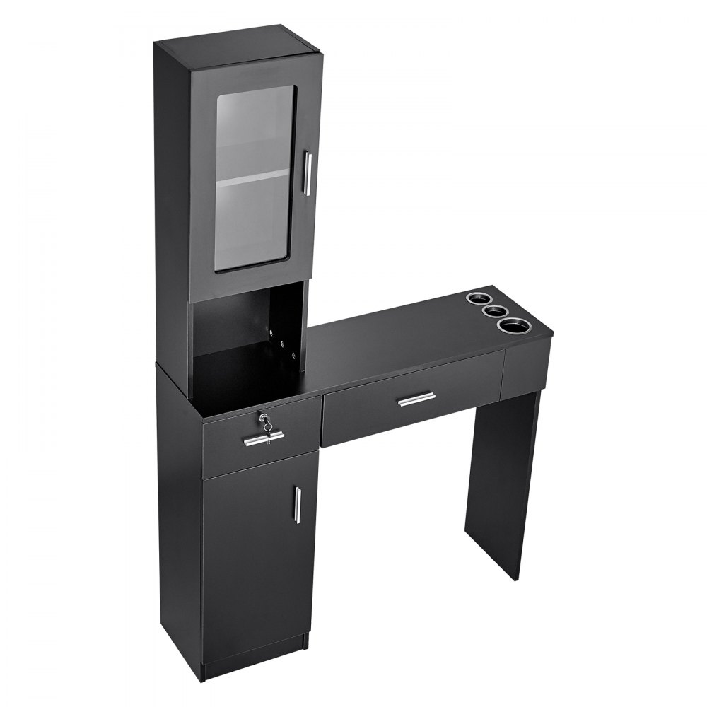 VEVOR Salon Station, Wall Mount Barber Salon Station for Hair Stylist, Beauty Spa Furniture Set, 1 Storage Cabinet, 3 Cubbies and 2 Drawers(One Lockable), Black