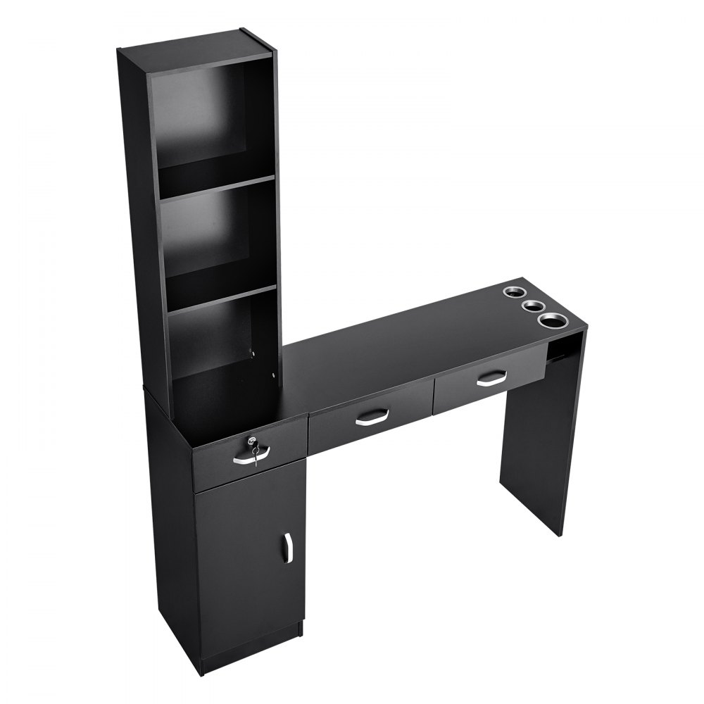VEVOR Salon Station, Wall Mount Barber Salon Station for Hair Stylist, Beauty Spa Furniture Set, 1 Storage Cabinet, 3 Open Cubbies and 3 Drawers(One Lockable), Black