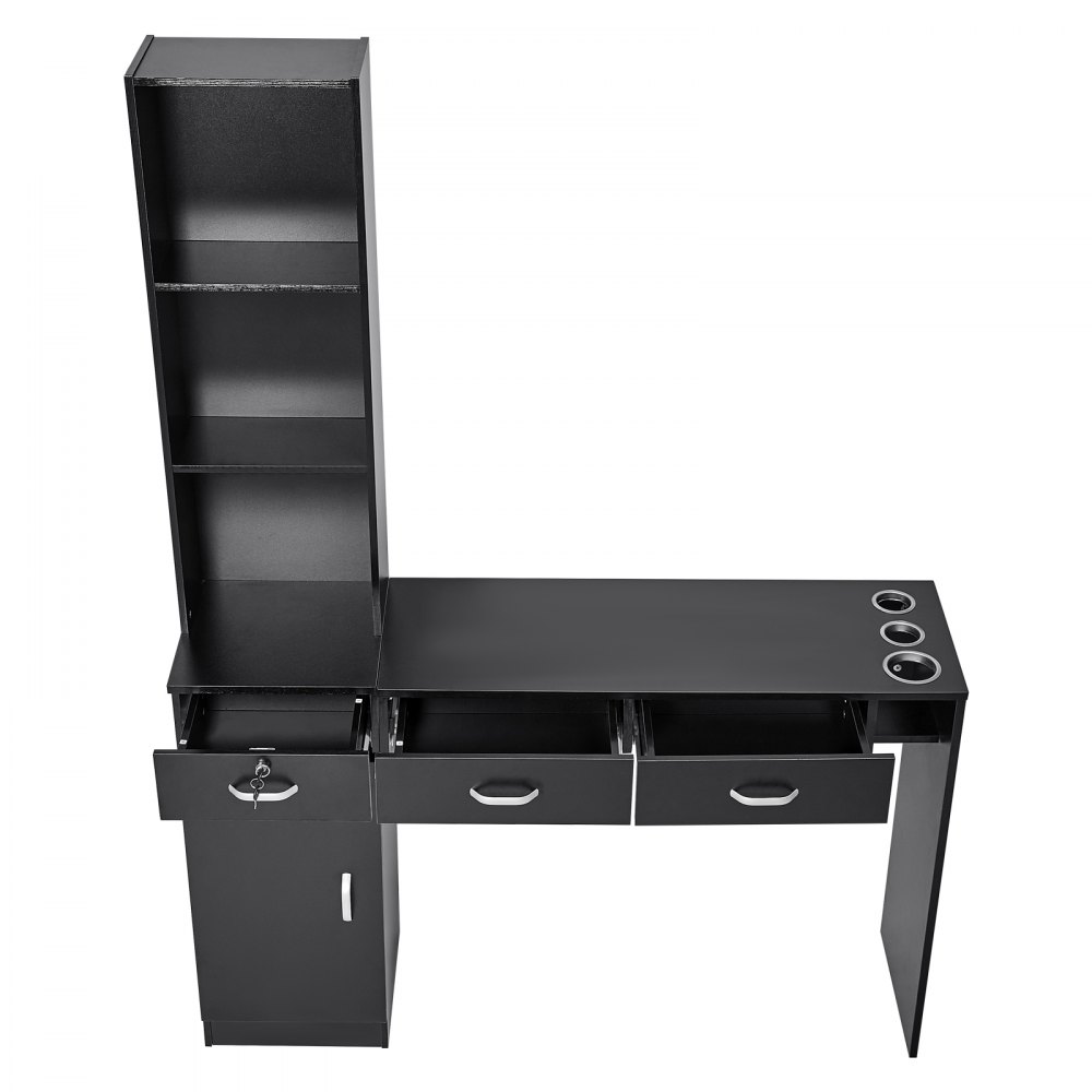 VEVOR Salon Station, Wall Mount Barber Salon Station for Hair Stylist, Beauty Spa Furniture Set, 1 Storage Cabinet, 3 Open Cubbies and 3 Drawers(One Lockable), Black