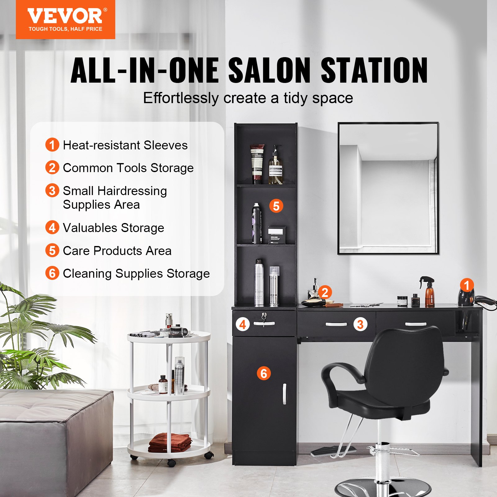 VEVOR Salon Station, Wall Mount Barber Salon Station for Hair Stylist, Beauty Spa Furniture Set, 1 Storage Cabinet, 3 Open Cubbies and 3 Drawers(One Lockable), Black