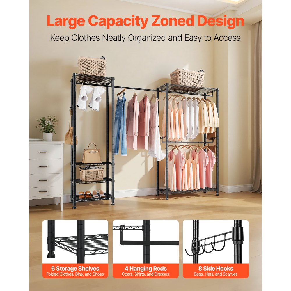 VEVOR Clothing Garment Rack, Heavy Duty Clothes Rack, Freestanding Clothes Racks with Steel Frame, 363 kg Load Capacity Closet Wardrobe with Storage Shelves for Bedroom, Clothing Store, Hallway