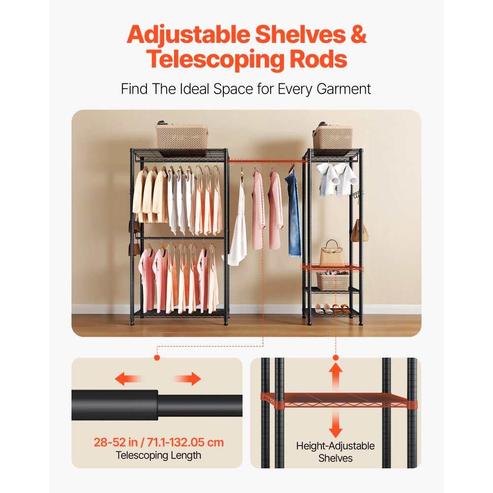 VEVOR Clothing Garment Rack, Heavy Duty Clothes Rack, Freestanding Clothes Racks with Steel Frame, 363 kg Load Capacity Closet Wardrobe with Storage Shelves for Bedroom, Clothing Store, Hallway