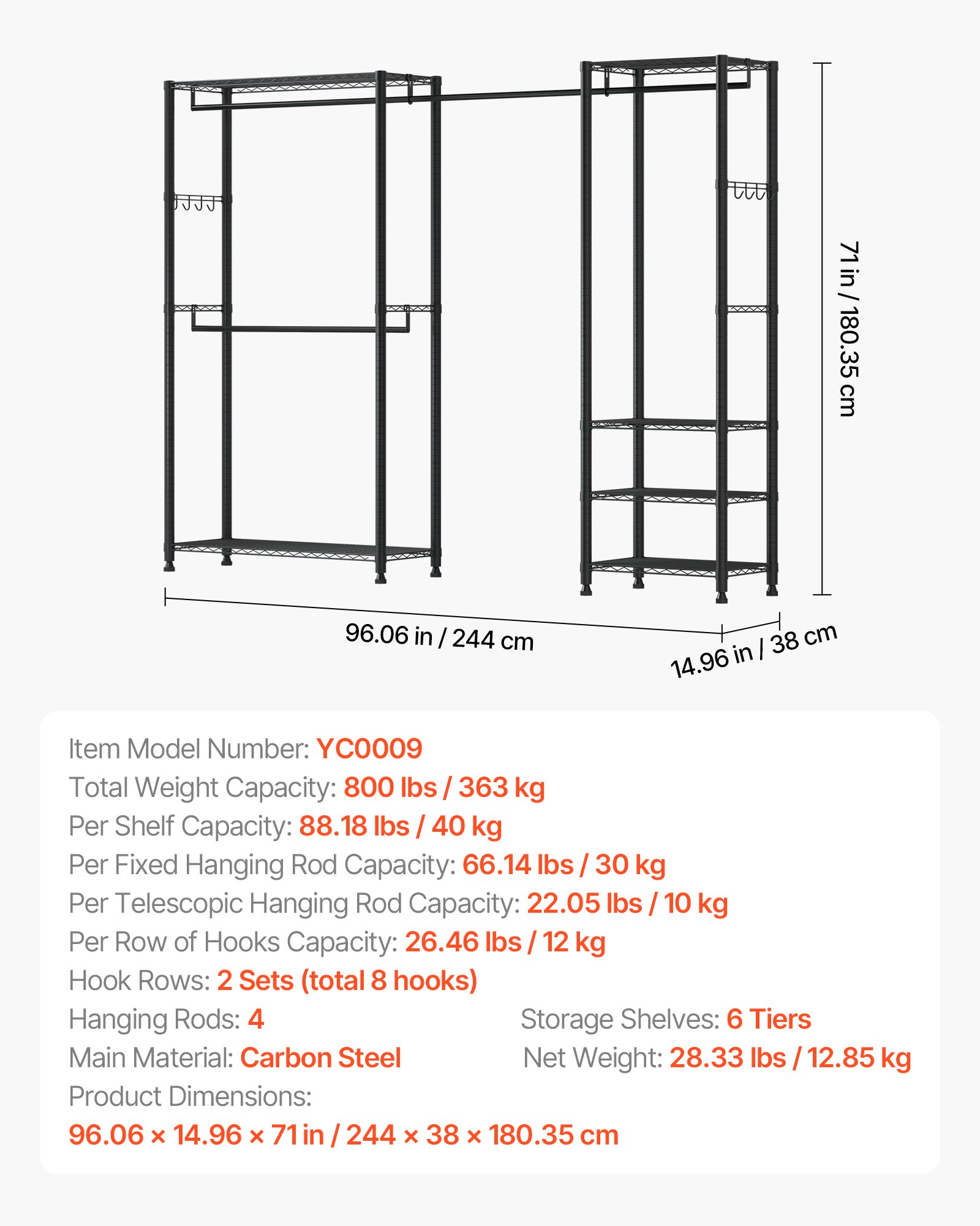VEVOR Clothing Garment Rack, Heavy Duty Clothes Rack, Freestanding Clothes Racks with Steel Frame, 363 kg Load Capacity Closet Wardrobe with Storage Shelves for Bedroom, Clothing Store, Hallway