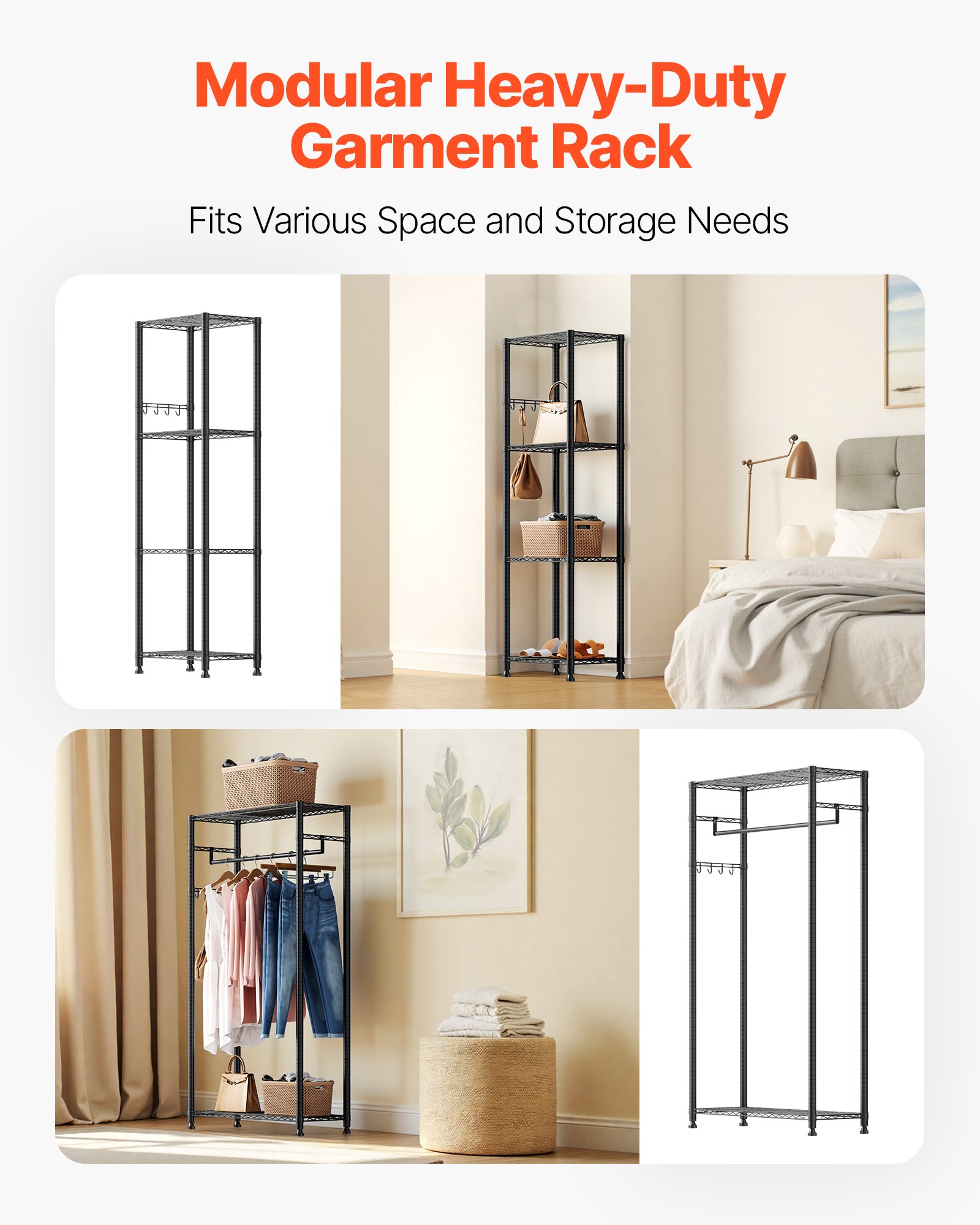 VEVOR Clothing Garment Rack, Heavy Duty Clothes Rack, Freestanding Clothes Racks with Steel Frame, 363 kg Load Capacity Closet Wardrobe with Storage Shelves for Bedroom, Clothing Store, Hallway