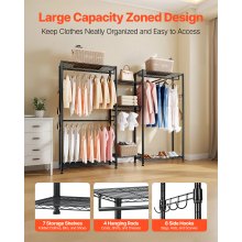 VEVOR Clothing Garment Rack, Heavy Duty Closet Wardrobe, 7 Adjustable Tiers Clothes Racks with Steel Frame, 850 lbs Load Capacity Clothes Rack with 4 Hanging Rods for Bedroom, Clothing Store, Hallway